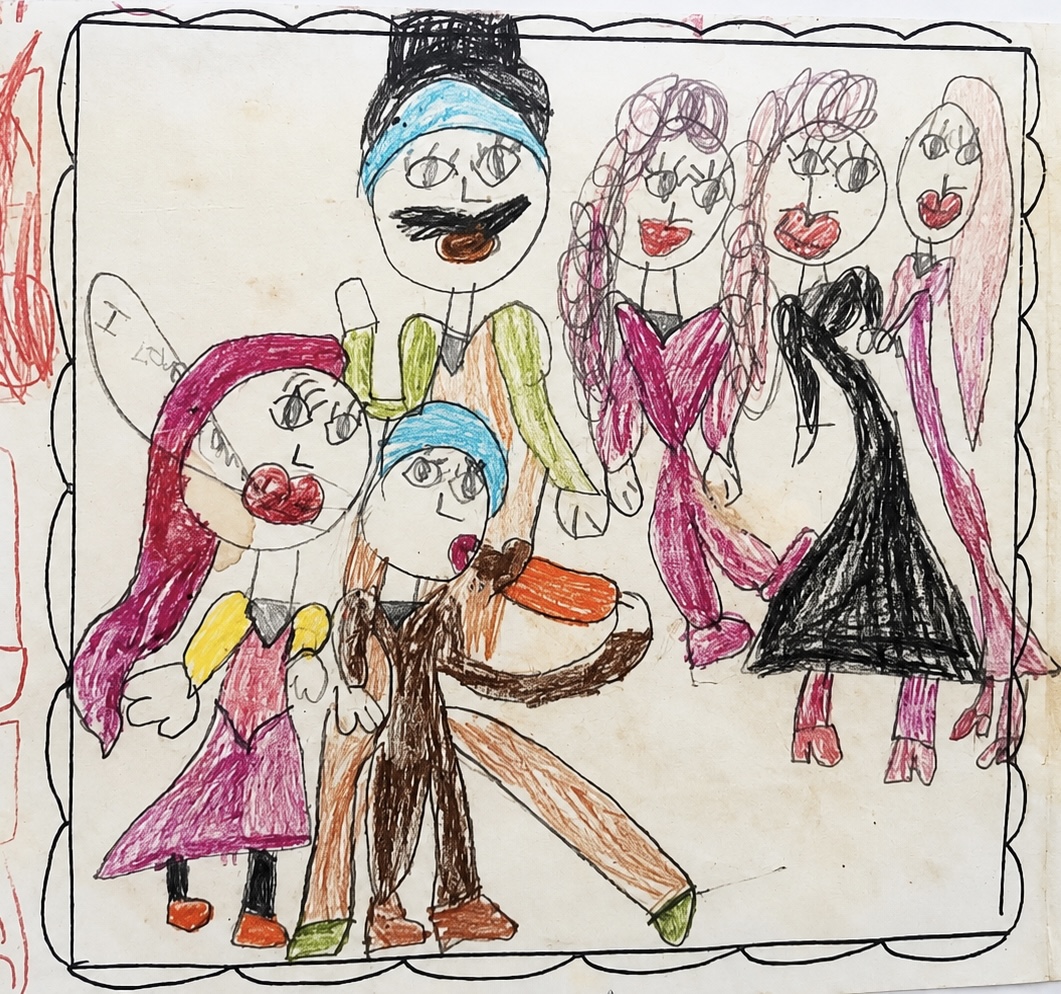 A child's crayon drawing of a family holding hands on aged paper