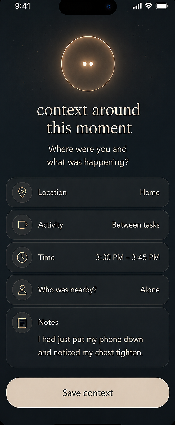 Context around this moment — location, activity, time and notes.