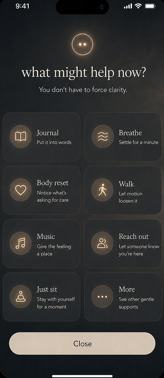 Support options — journal, breathing, someone to talk to, resources.