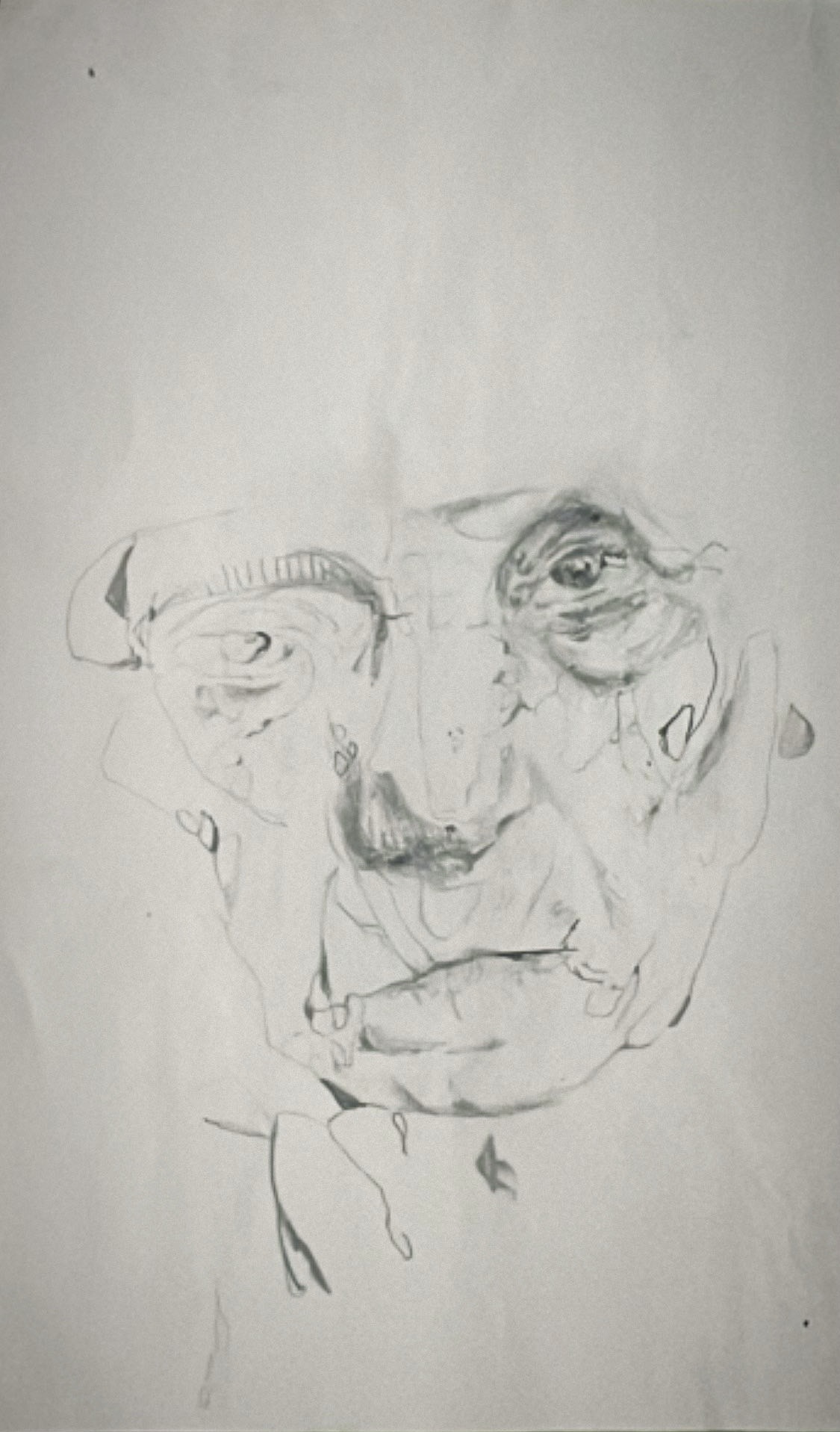 A pencil study of a human face on plain paper, drawn with sparse, searching lines