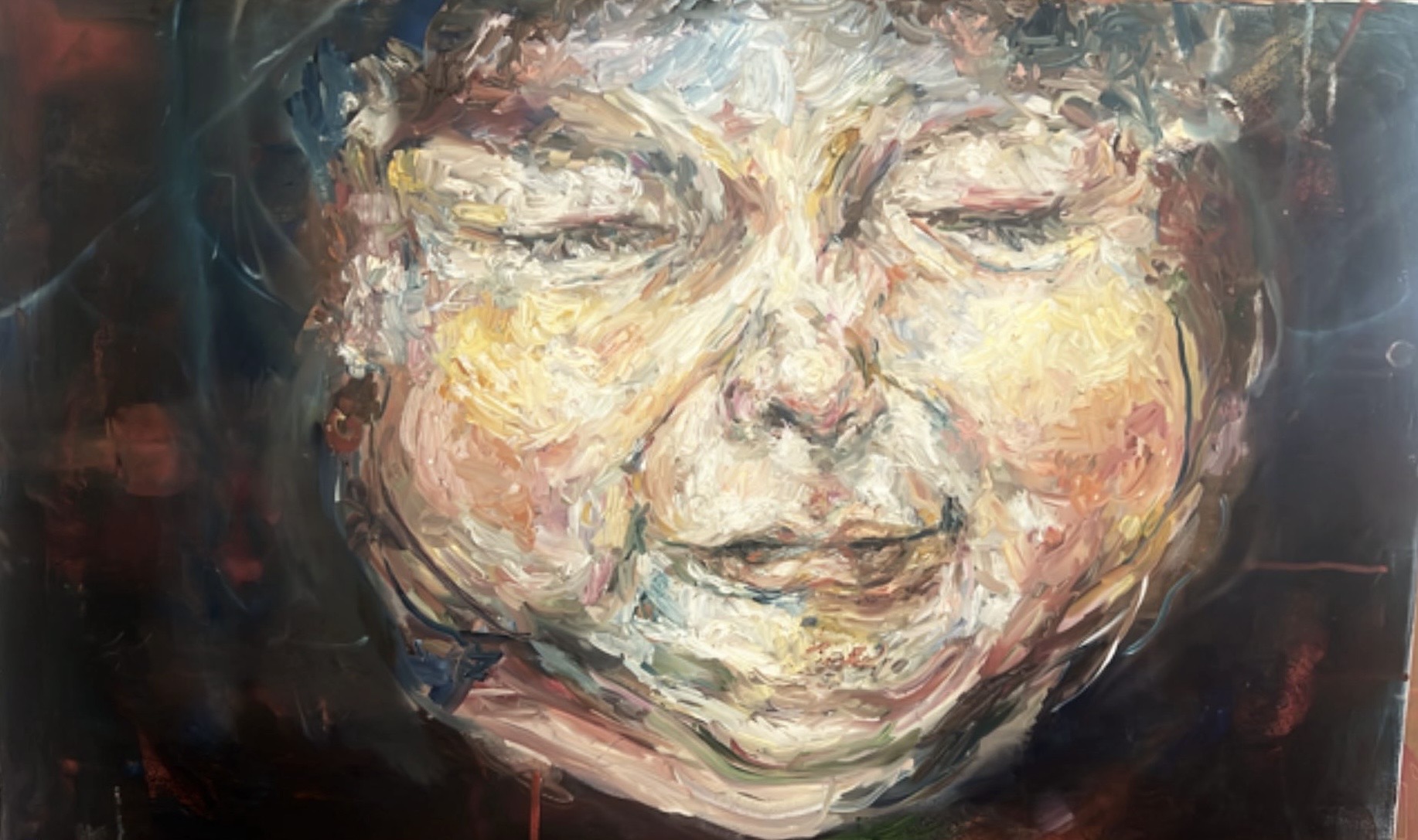 An expressionistic oil painting of a face with eyes closed, built from thick brushstrokes
